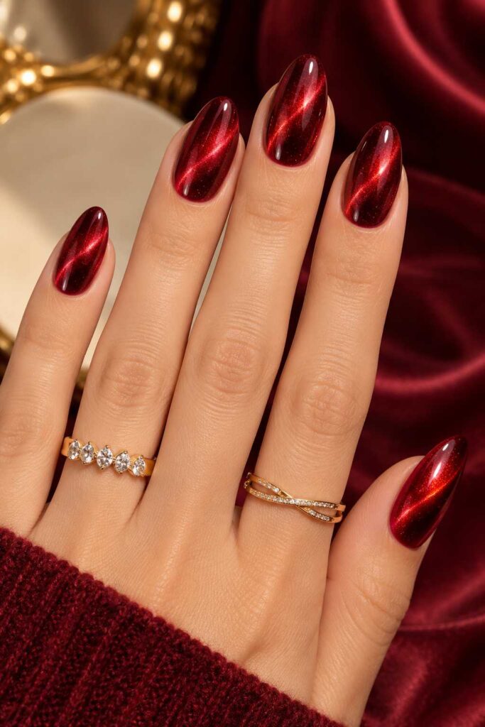 Red Cat-Eye Nails with a Shifting Magnetic Beam red and white nail design