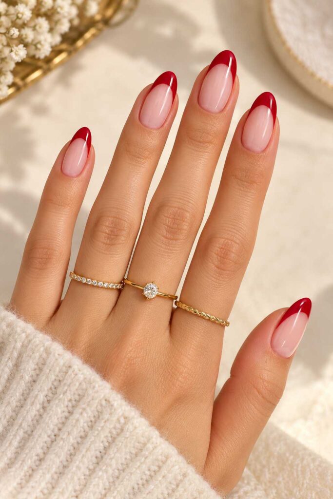 Crisp Red French Tips on a Sheer Nude Base red and white nail design