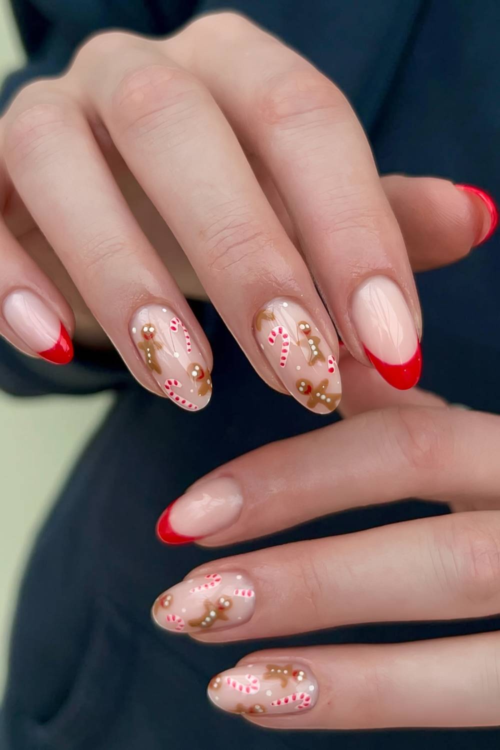 Gingerbread French Tips With Candy Cane Stripes gingerbread nail manicure