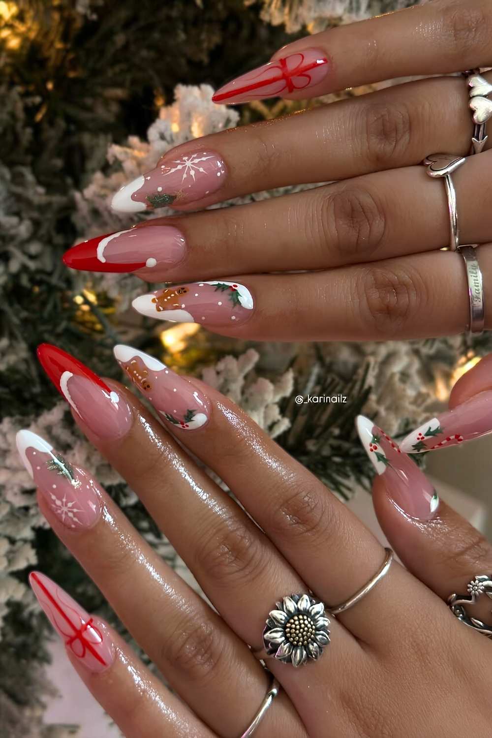 Gingerbread and Candy Cane Mix-and-Match Nails gingerbread nail manicure