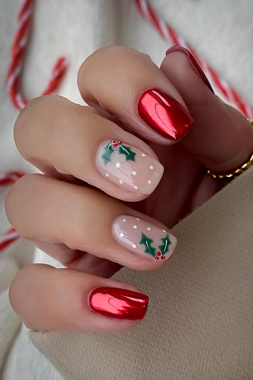 Red Chrome Nails with Christmas Holly Accents red and white nail design