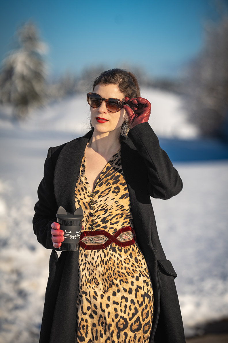 Leopard print dress with a black coat for a night out