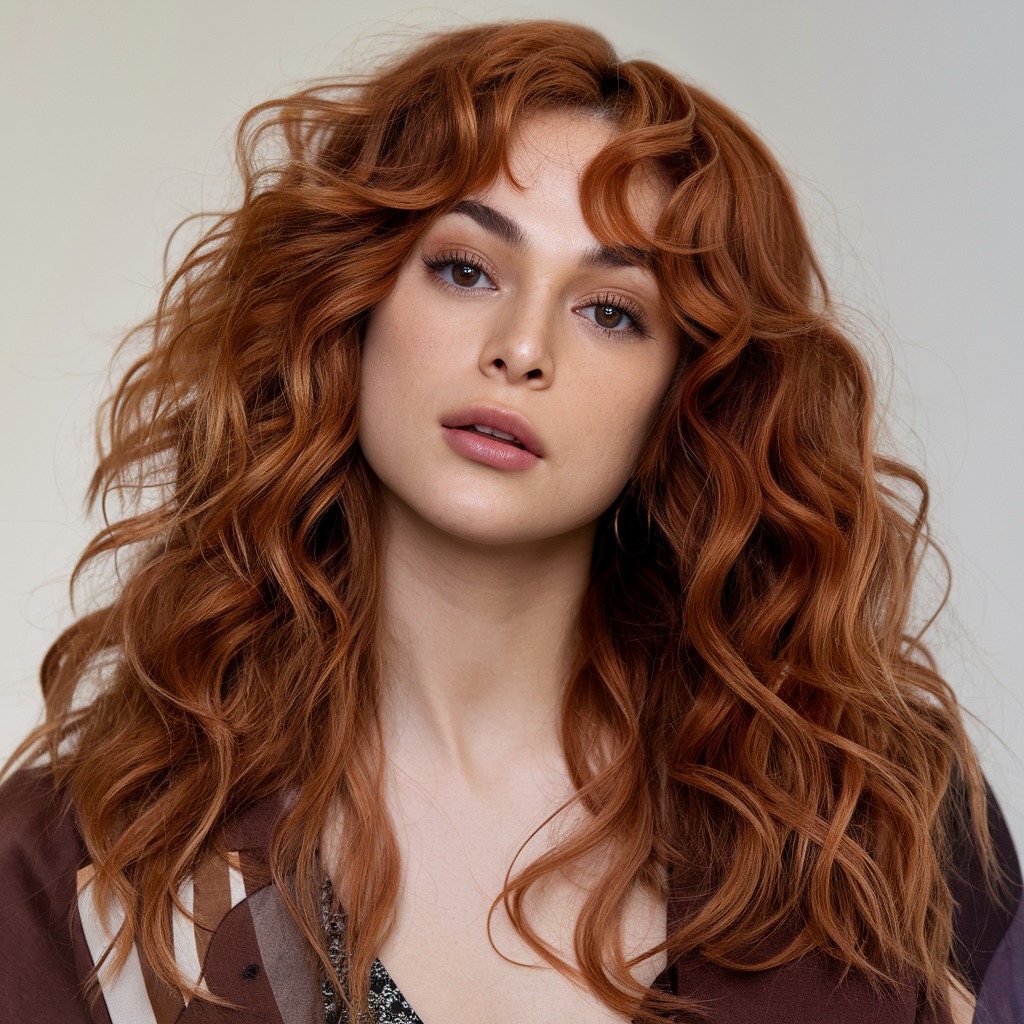 Woman with long copper brown wavy hair