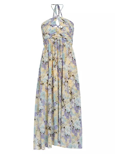 Rose floral halter midi dress with keyhole cutouts