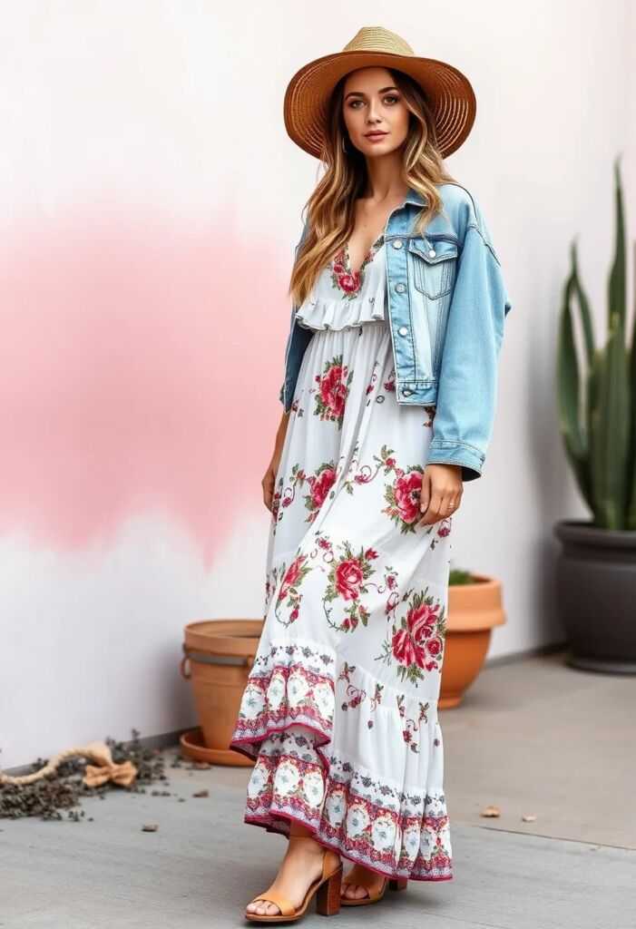 Ruffled maxi dress with denim jacket boho outfit