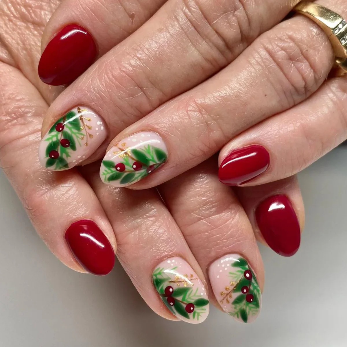 Classic Red With Holly Branch Accents festive Christmas nail art