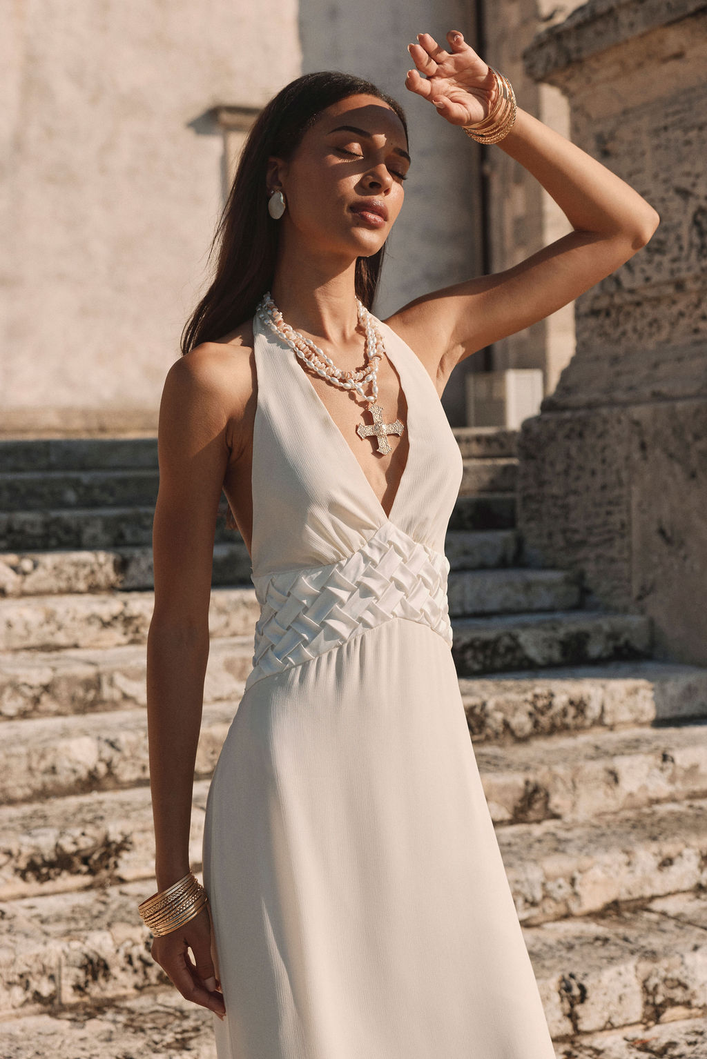 White Halter Midi Dress with a Clean Neckline dress outfit idea