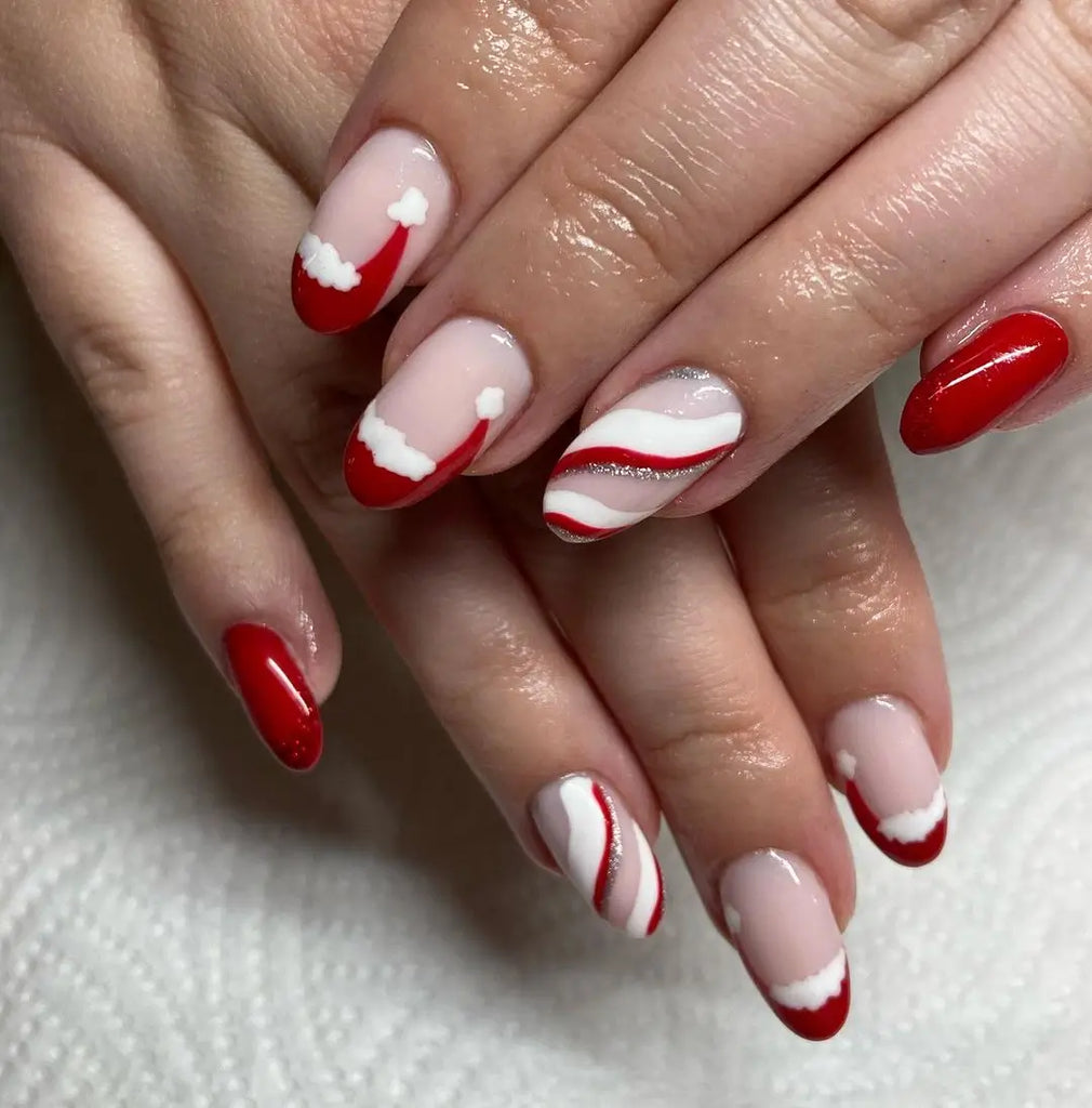 Matte Red Nails with Soft Velvet Santa Hat Accents santa hat nail design