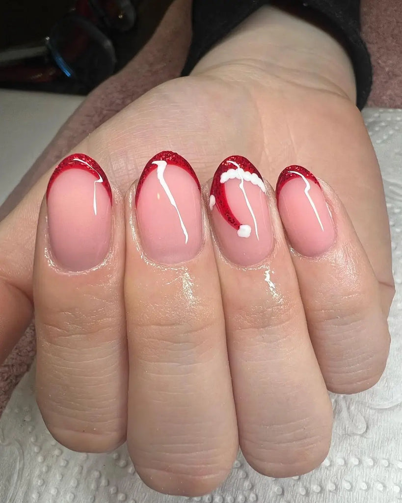 Tips Where the Fluffy Trim Follows the Smile Line santa hat nail design