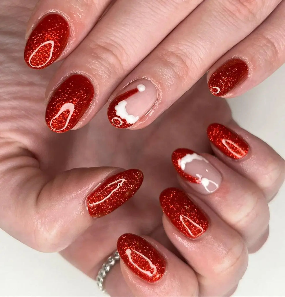 Glossy Short Almond Tips Finished as Santa Hats santa hat nail design