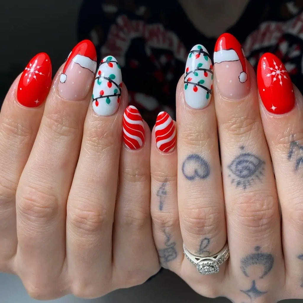 Short Almond Tips with a Pom-Pom at the Cuticle santa hat nail design