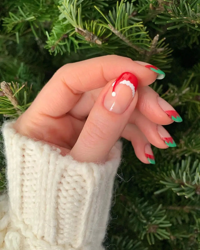 Square Nails Edged with Bold Red Hat Tips santa hat nail design