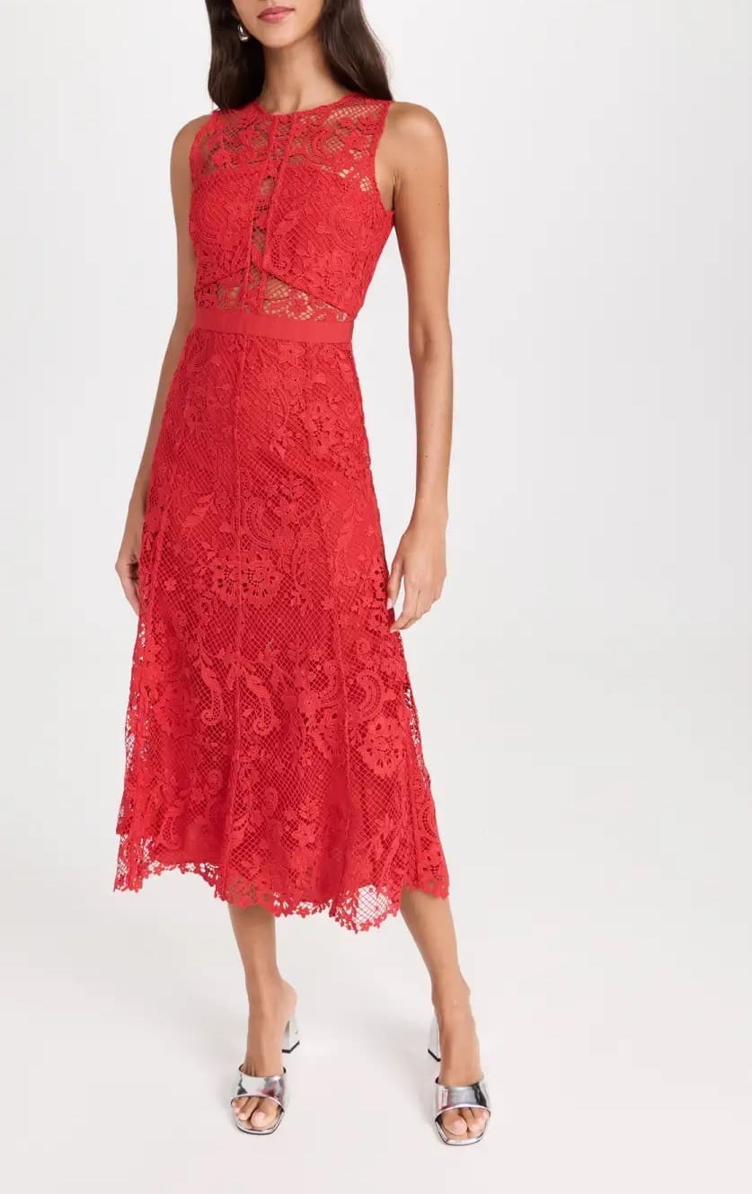 Red Lace Midi Dress with a Fitted Bodice dress outfit idea