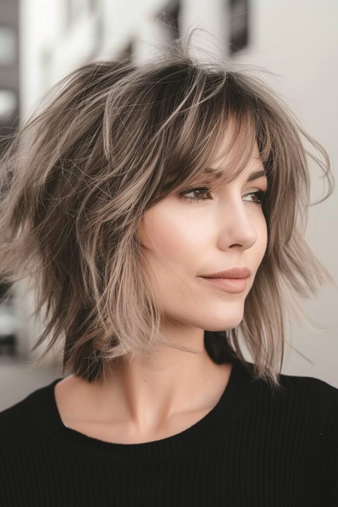 Shaggy Mid-Length Cut With a Curtain Fringe hairstyle for round face