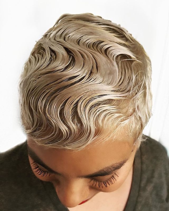 Retro finger waves on a short blonde bob blonde short hair