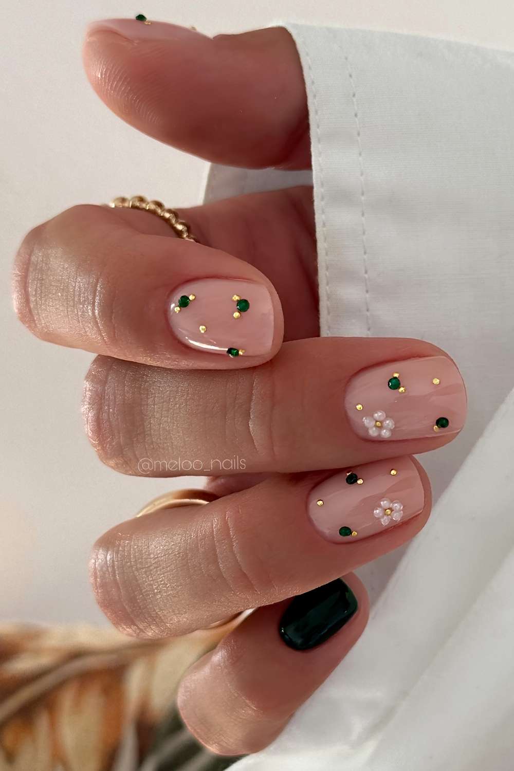 Green and Pink Nails with Pearls and Gems dark green winter nail design