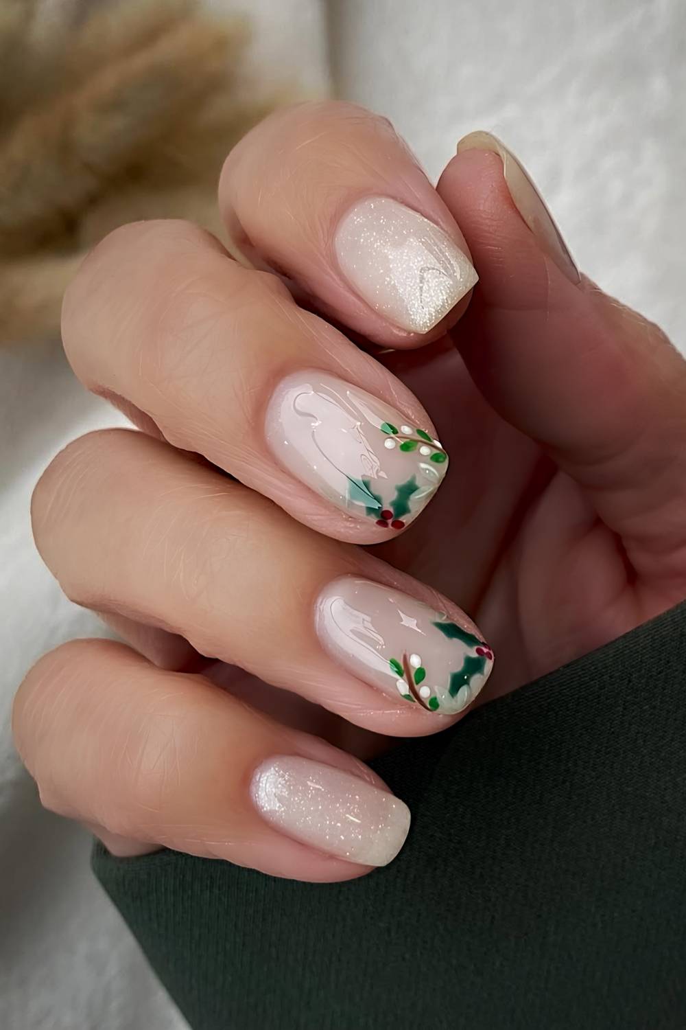 Short Milky Nails with Mistletoe and Holly white Christmas nail design