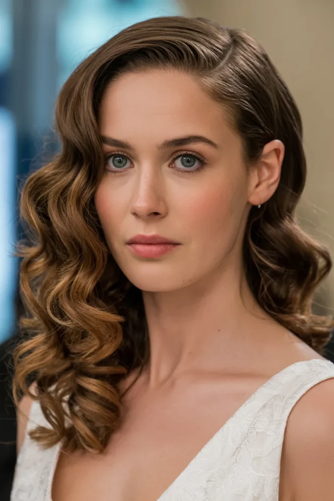 Side-parted hairstyle with soft curls and waves