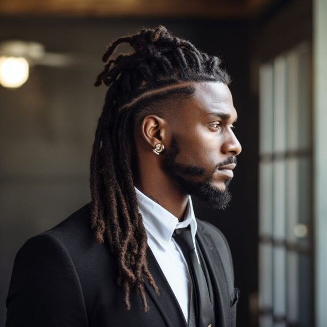 Locs with a deep side part for dramatic volume