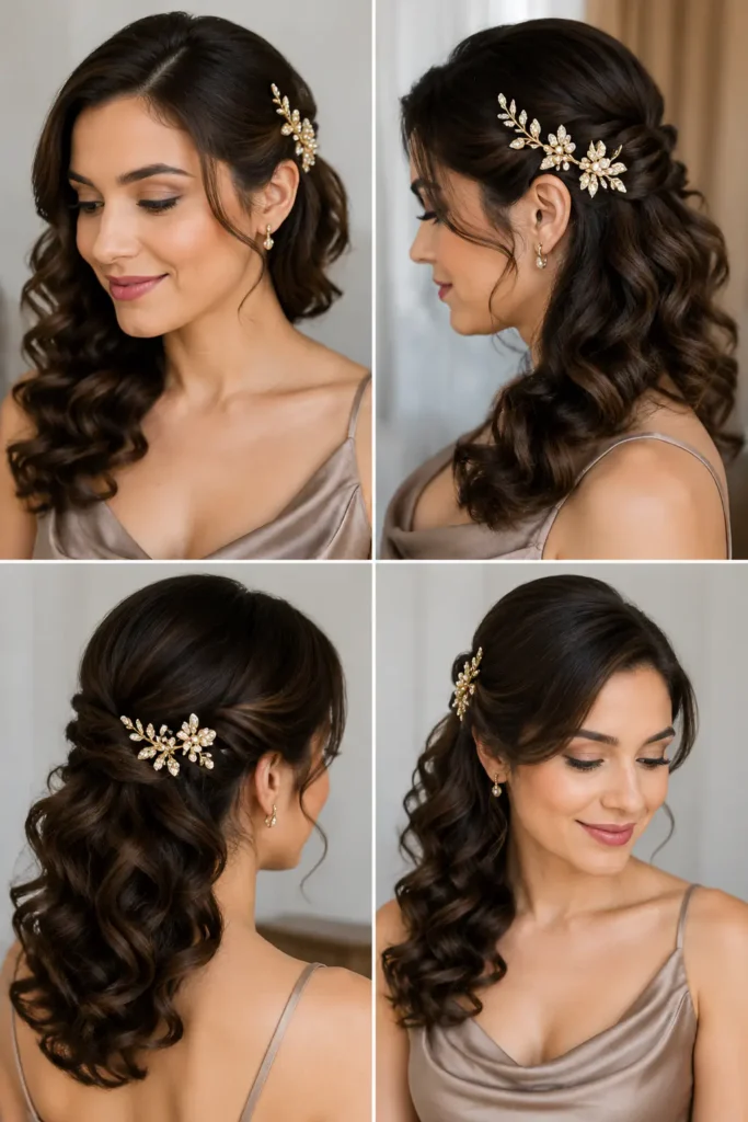 Side-swept curls with decorative clips