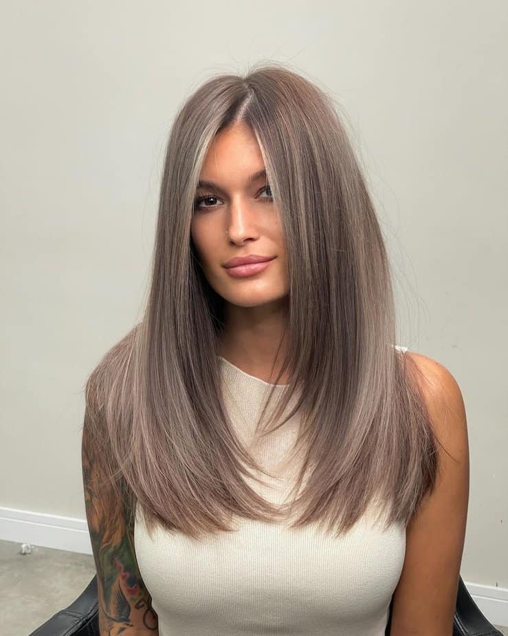 Silky straight ash brown hair