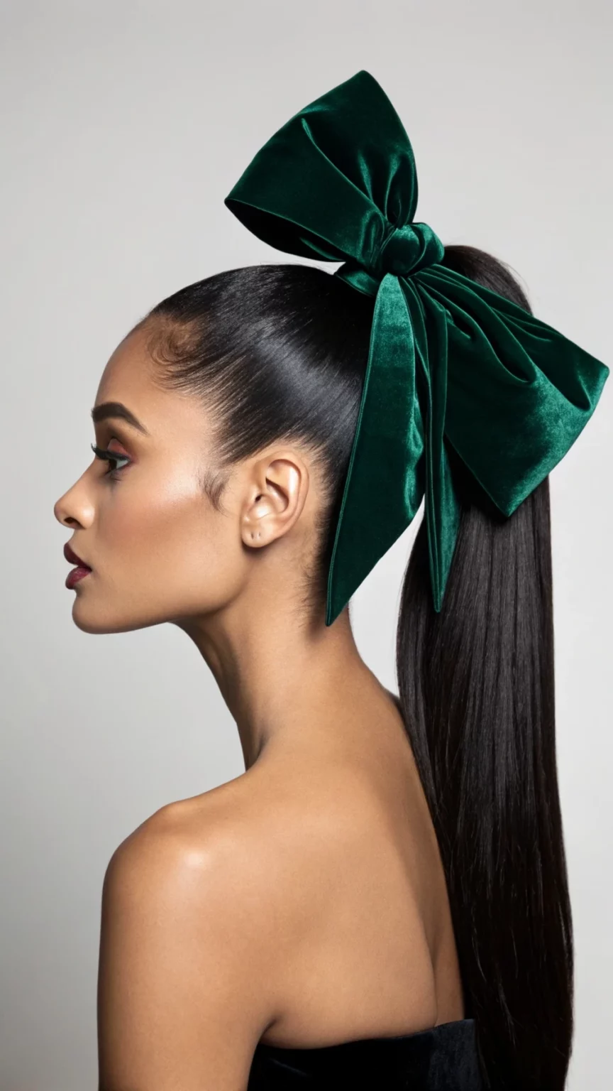 Sleek high ponytail with a statement bow barrette