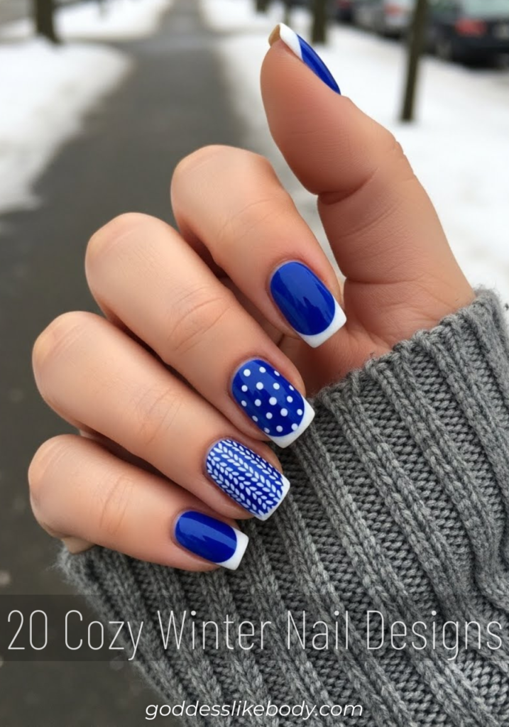 Sky Blue Sweater Nails with Snowy White Dots sweater nail art design