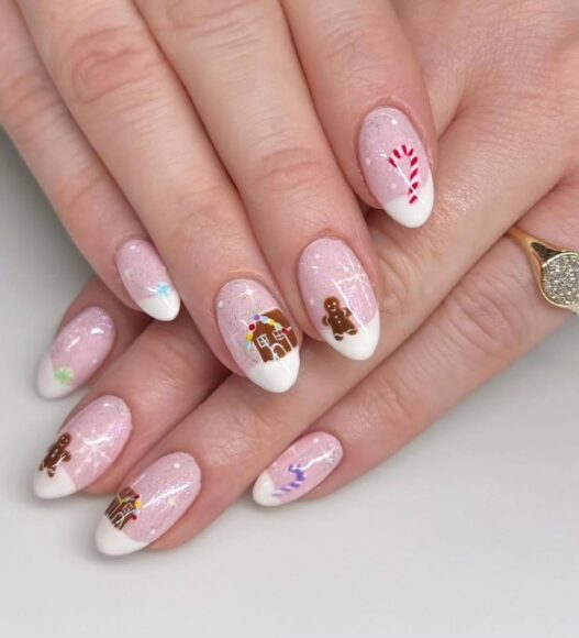 Gingerbread and Candy Cane French Tips subtle Christmas nail design