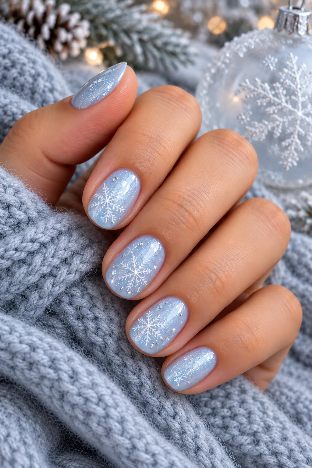 Sheer Snowflake Almond Nails with Glitter Accents almond winter nail design