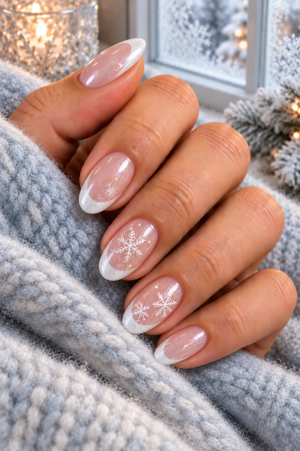 Snowy French Manicure on Almond Nails almond winter nail design