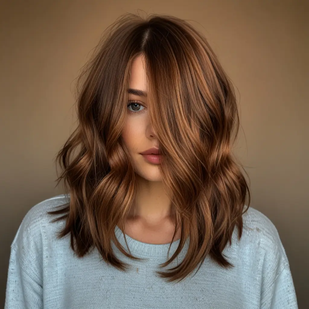Soft cinnamon lob with a smooth finish cinnamon hair idea