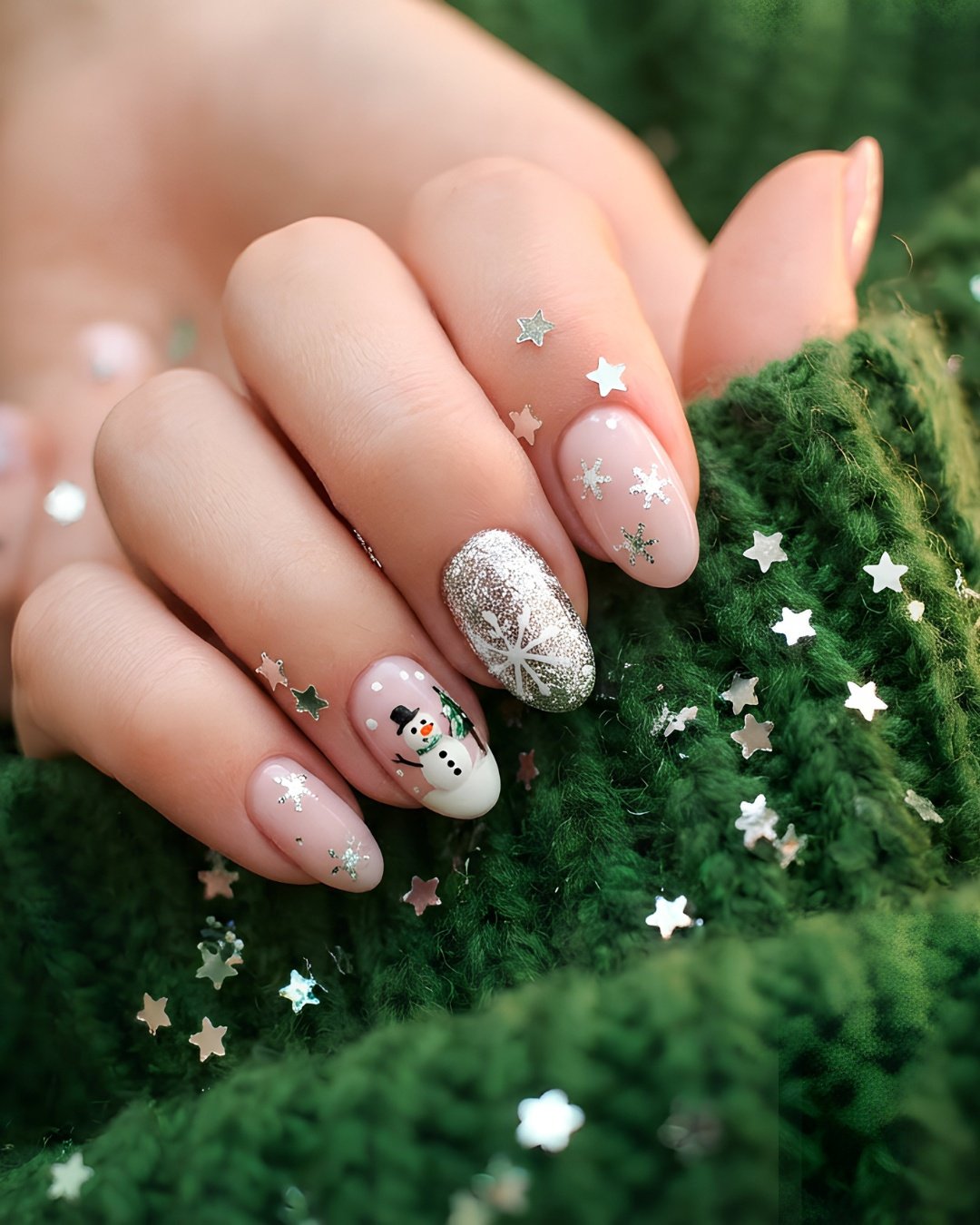 Soft Crystal Frost Glitter Nails snowflake nail design