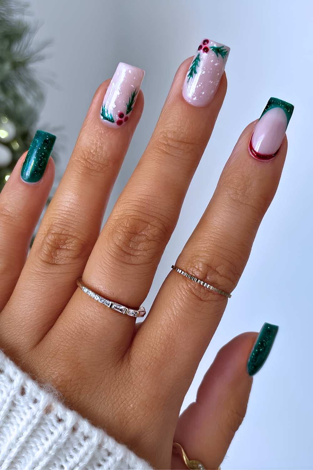 Holly and Berries on Sparkling Green green christmas nail design