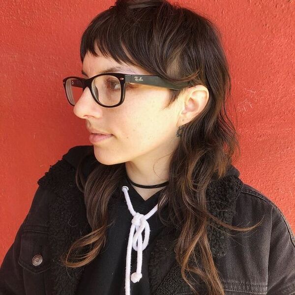 Soft undercut mullet with short front layers, a fringe and a long back