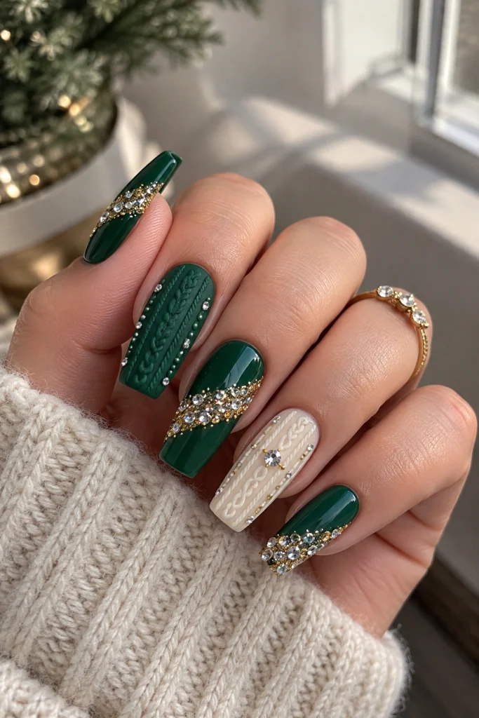 Emerald and Cream Sweater Nails with Rhinestone Sparkle sweater nail art design