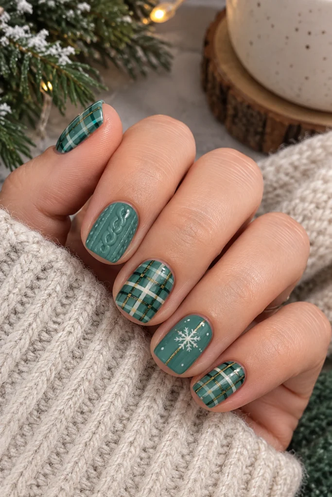 Teal Plaid Sweater Nails with Snowflake Details sweater nail art design