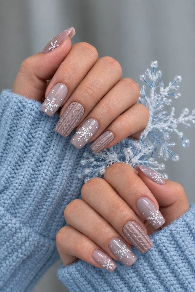 Blush Pink Sweater Nails with a Snowflake Accent sweater nail art design