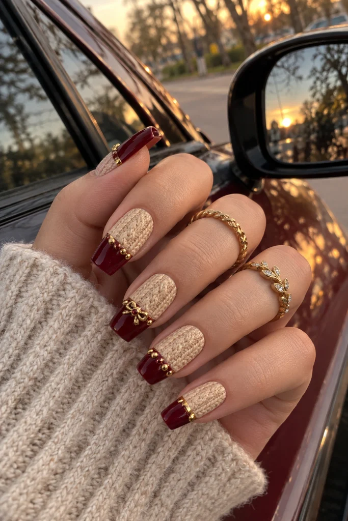 Cream Cable-Knit Almond Nails with Burgundy Edges sweater nail art design