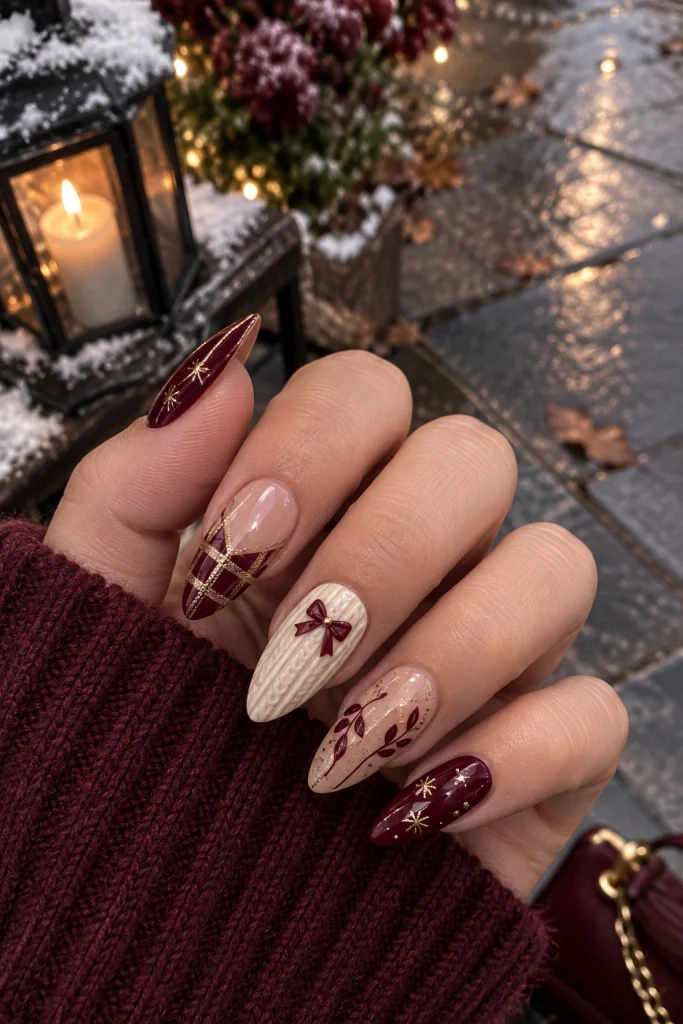Cream Sweater Nails with Red Bow and Plaid Art sweater nail art design