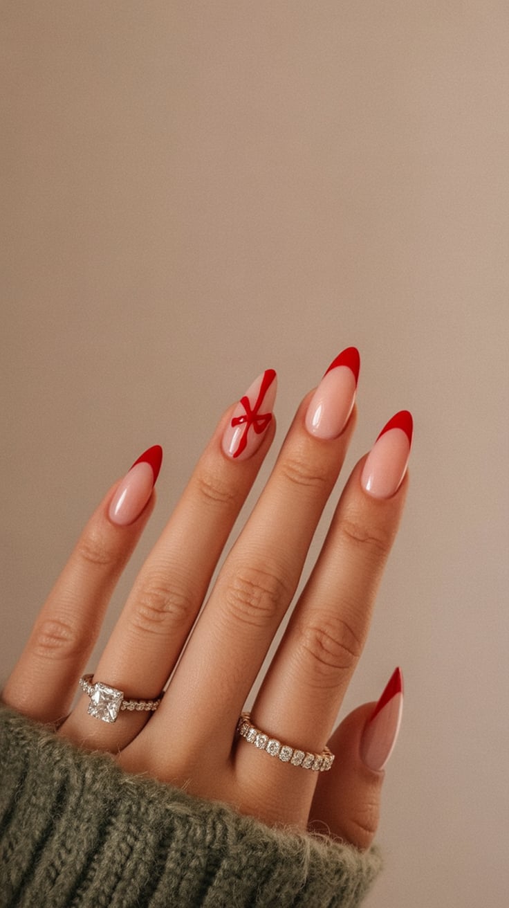 Elegant Red Bow French Tips Christmas French tips nail design