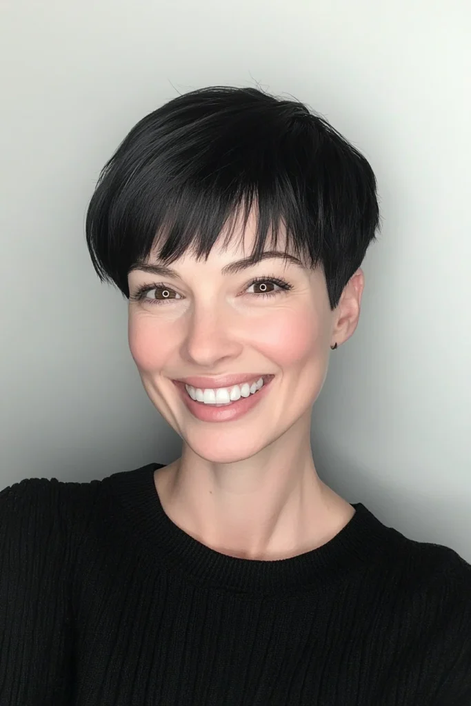 Woman with jet black baby bangs