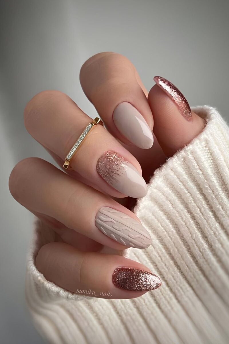 Taupe Sweater-Knit Nails with a Glitter Accent neutral Christmas nail design