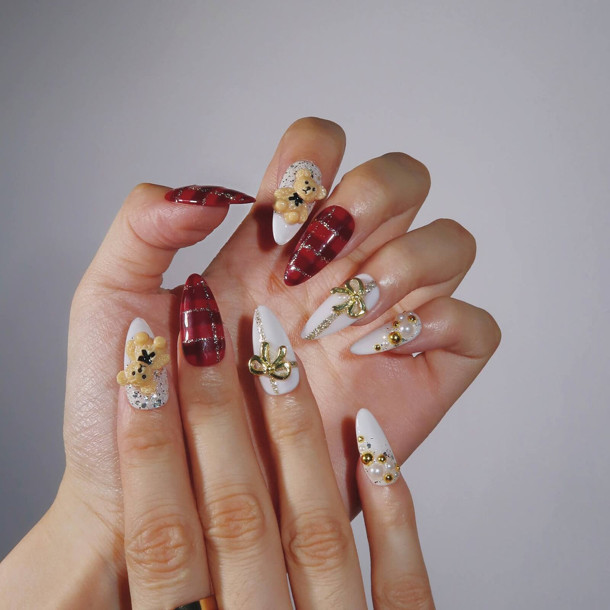 Teddy Bear Art Paired With Plaid almond Christmas nail manicure