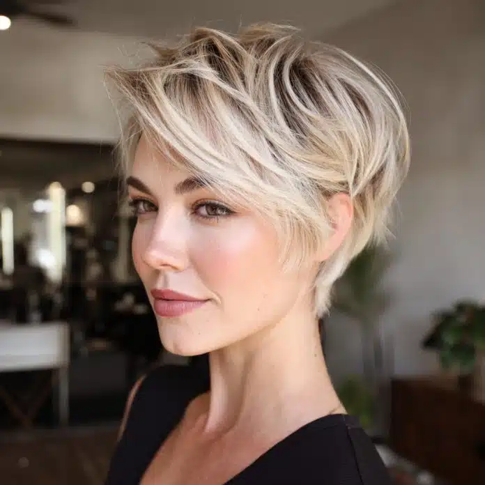 Textured Blonde Pixie hairstyle for round face