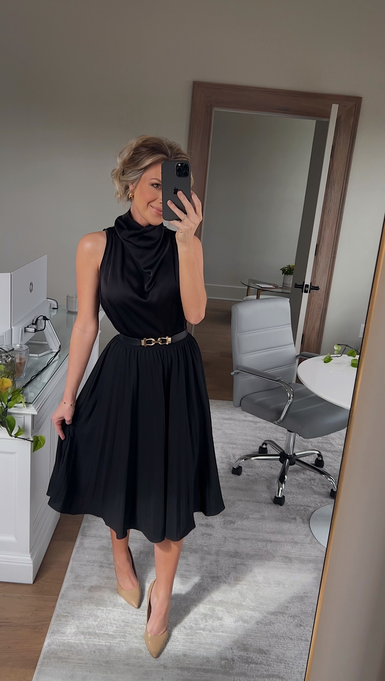 Satin midi skirt with funnel-neck blouse for a sleek office look