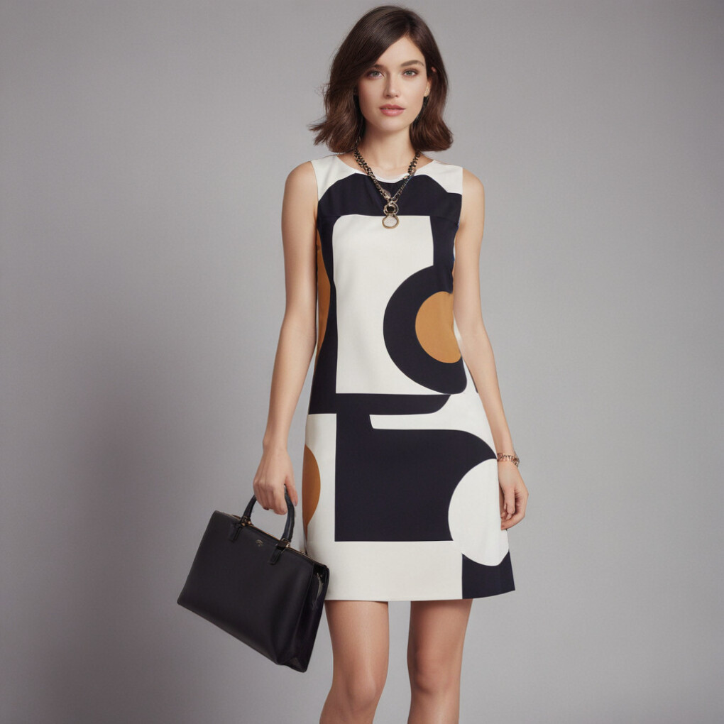 Colour-block shift dress with sleek clutch retro outfit