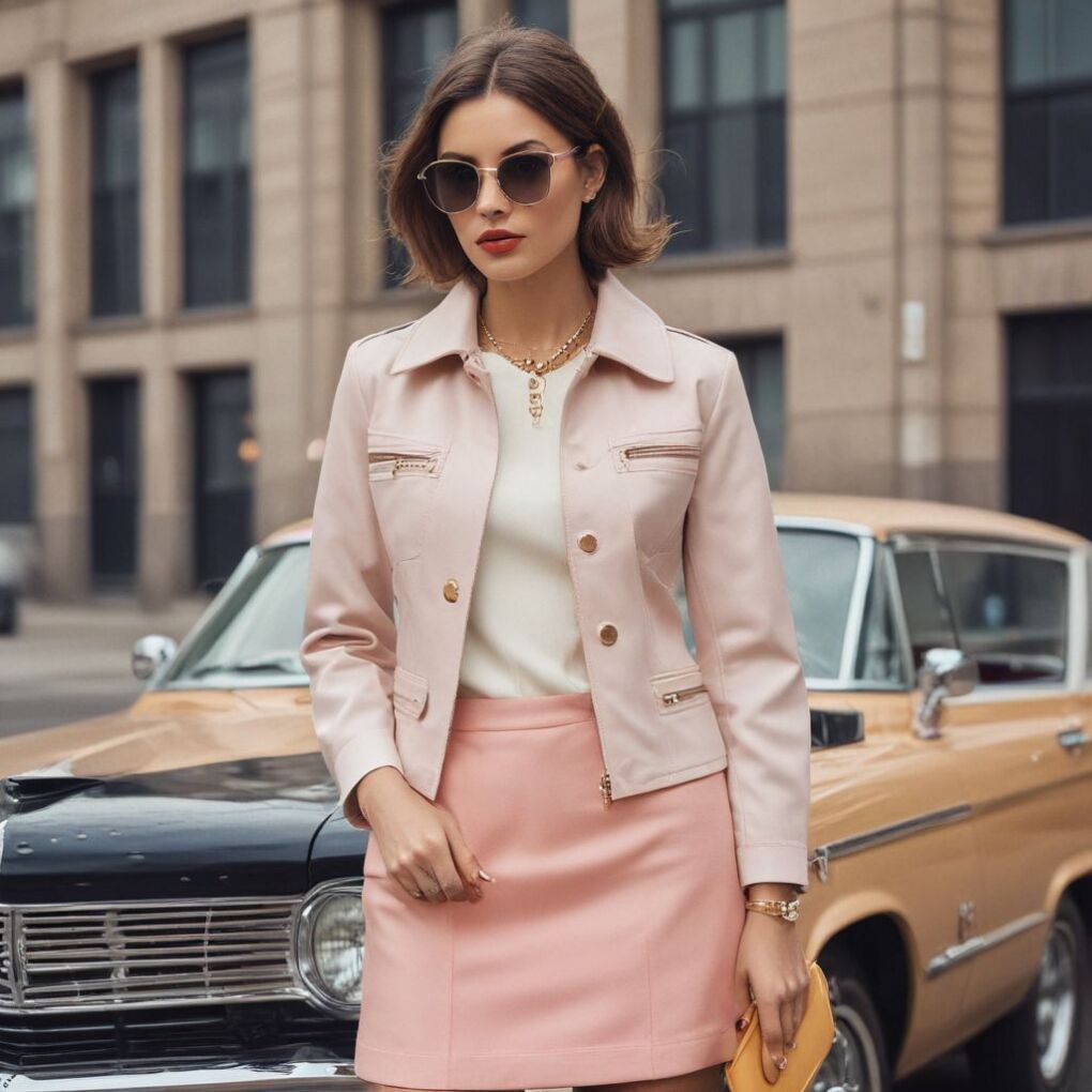 Glossy vinyl jacket with black mini dress retro outfit