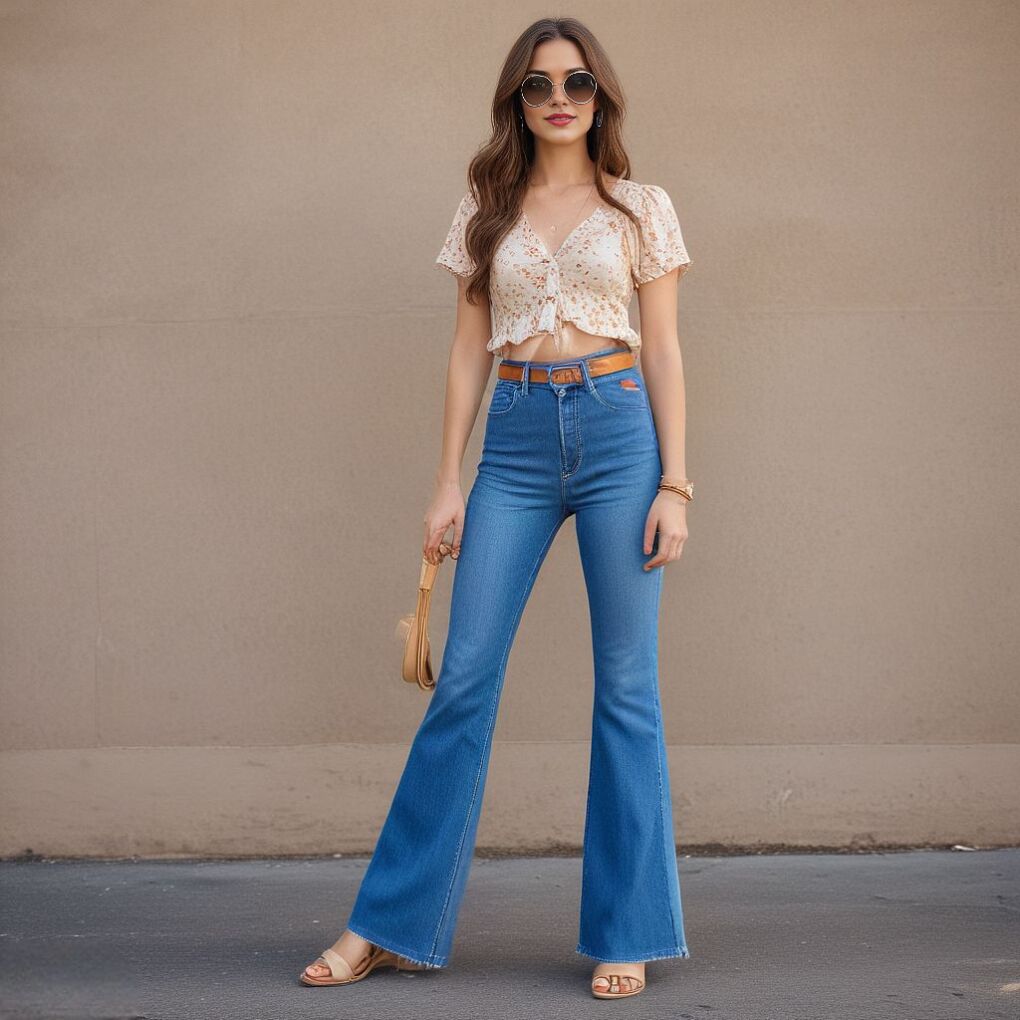 High-rise bell-bottom jeans with fitted blouse retro outfit