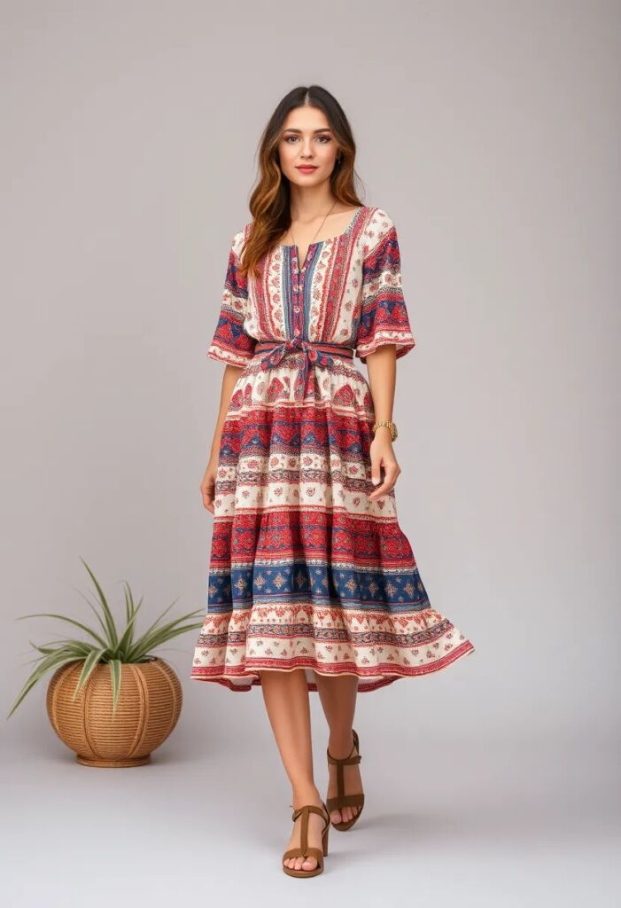 Tiered midi dress with waist belt boho outfit