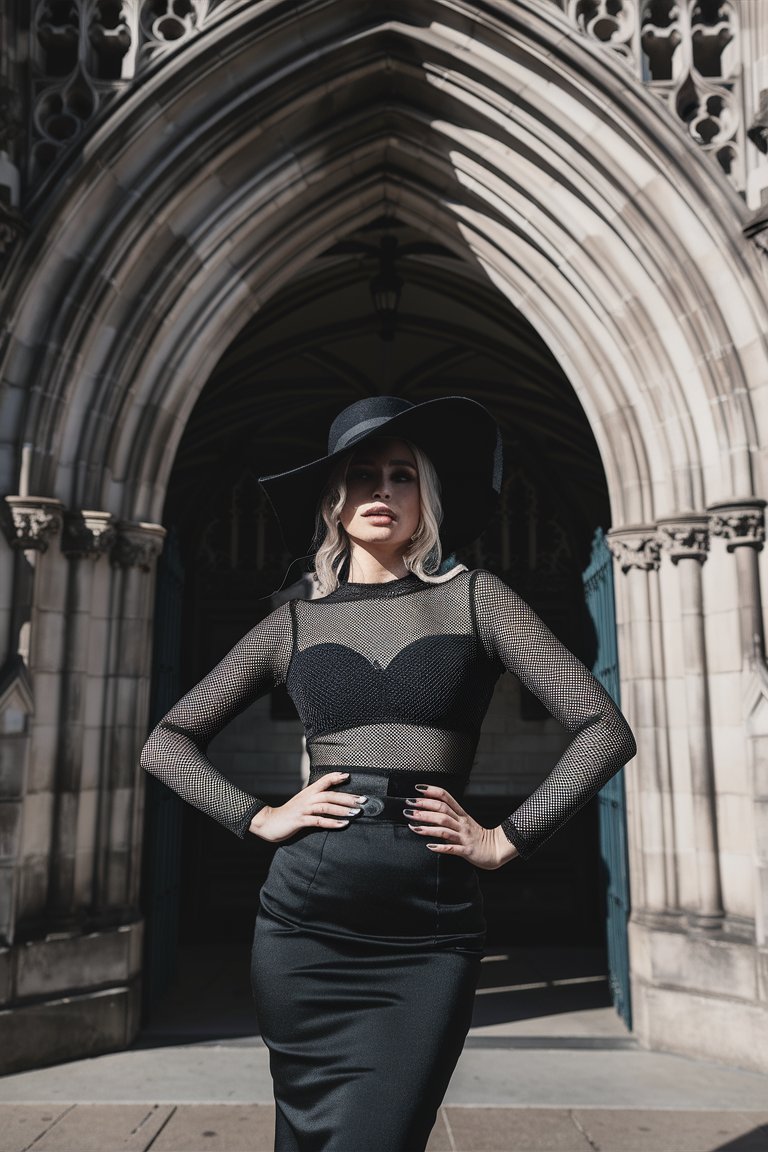 Mesh Top with a Fitted Bodice, High-Waisted Skirt and Wide-Brimmed Hat goth outfit